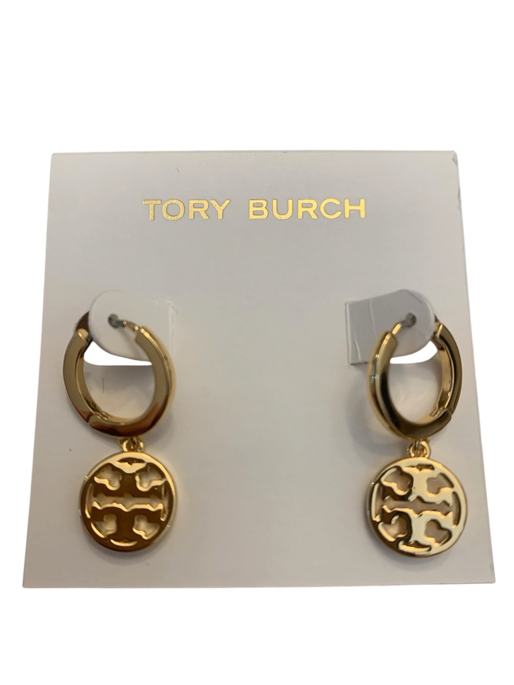 Tory Burch Gold Metal Logo Hoop Drop Earrings
